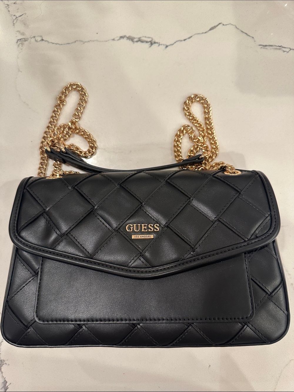 GUESS Black Quilted Shoulder Bag with Gold Chain